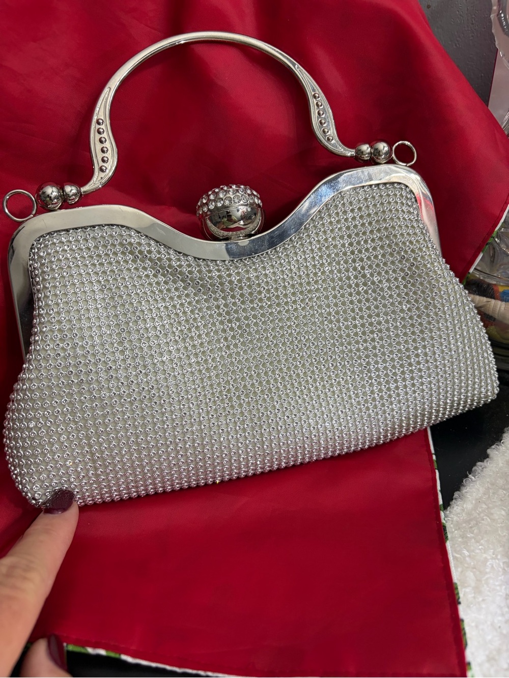 Silver Crystal Mesh Evening Clutch Handbag